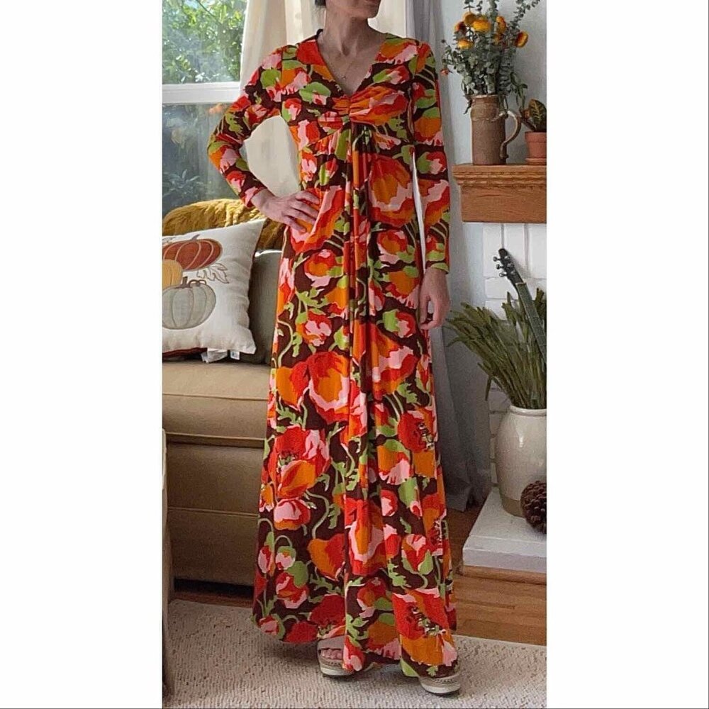 Vtg 60’s Joseph Magnin Floral Retro Mod Maxi Dress Floral XXS/ XS P Boho